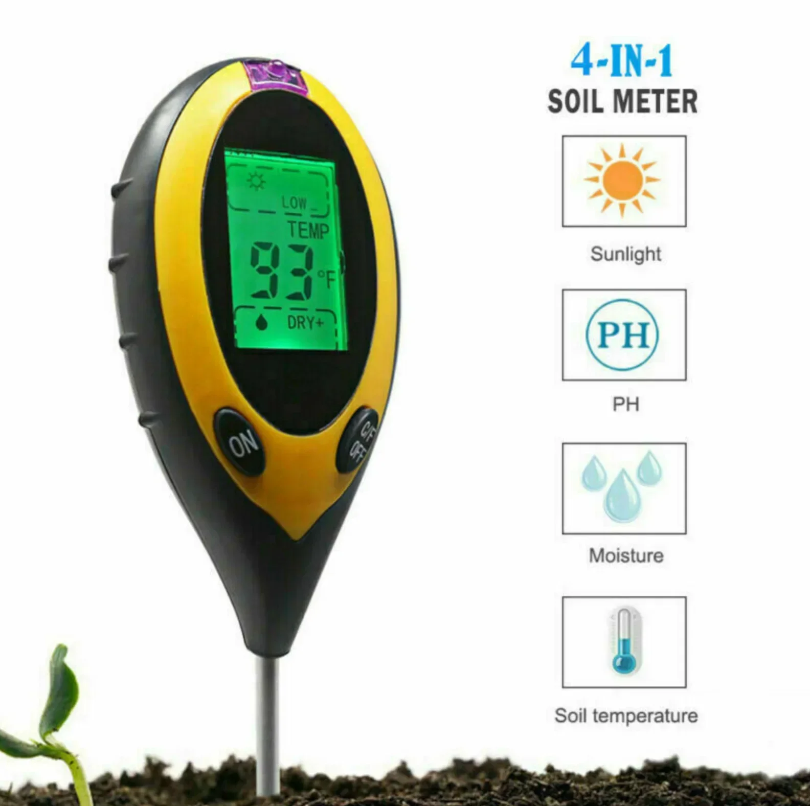 Digital 4 In 1 Soil PH Meter Moisture Monitor Temperature Sunlight Tester for Gardening Plants Farming with Blacklight