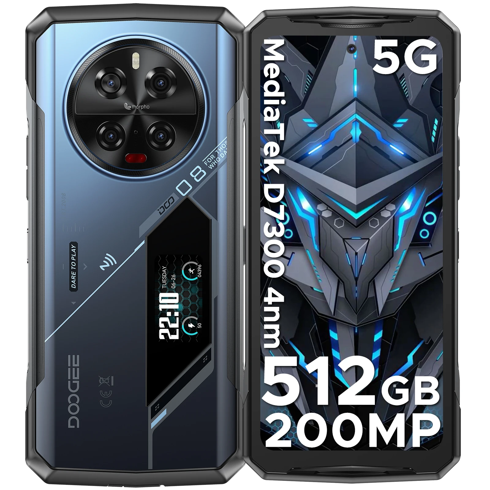 DOOGEE V40 Pro 5G Robuuste Smartphone met 36GB RAM + 512GB ROM, Dimensity 7300 processor, 6.78 inch FHD+ scherm, 200MP camera, 8680mAh batterij en NFC.