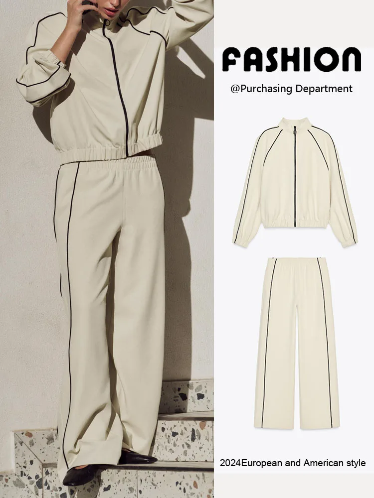 

Spring New Arrival Women's Jaet Coat Wide Leg Pants Two Piece Set Long Sve Zipper Closure Faionable Outfit from China