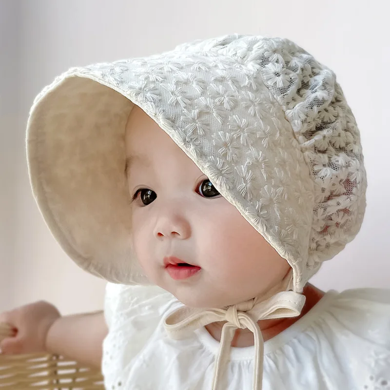 Newborn Lace Bonnet Embroidered Flower Princess Hat for Infant Girl Boy Sweet Large Brim Sun Visor Hats