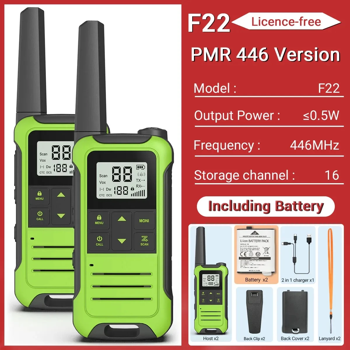 2PCS Baofeng F22 PMR 446MHz Mini Walkie Talkie Waterdicht Type-C Licentievrij NOAA Zaklamp Draagbare tweewegradio voor de jacht