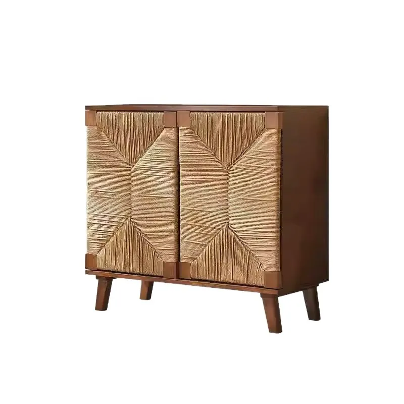 

Nordic solid wood rattan dining side cabinet Japanese simple storage cabinet living room porch rack household tea cabinet