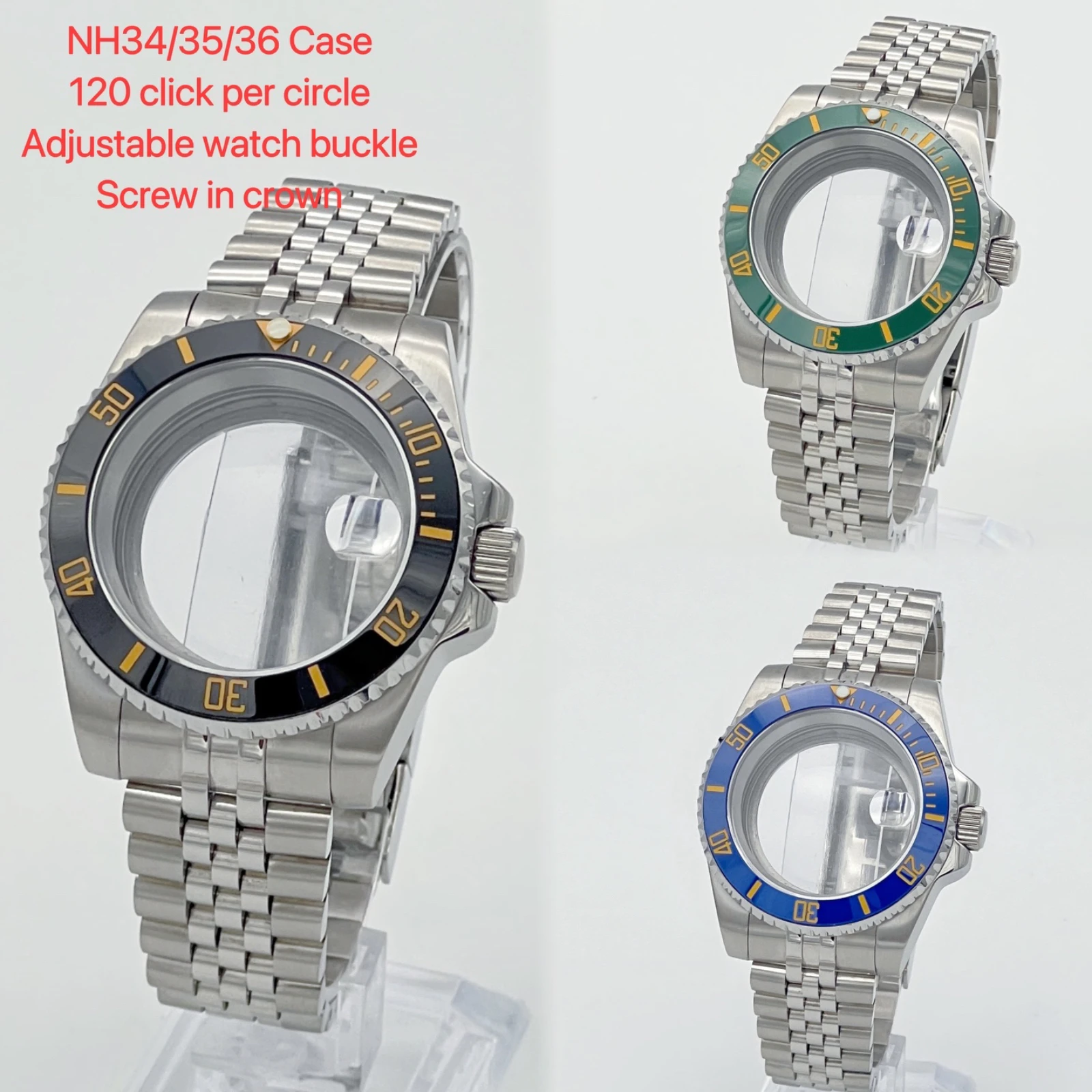 

SUB Modified parts，NH35 case, Golden letter ceramic ring，silver stainless steel Silver Jubilee bracelet, NH34/NH35/36