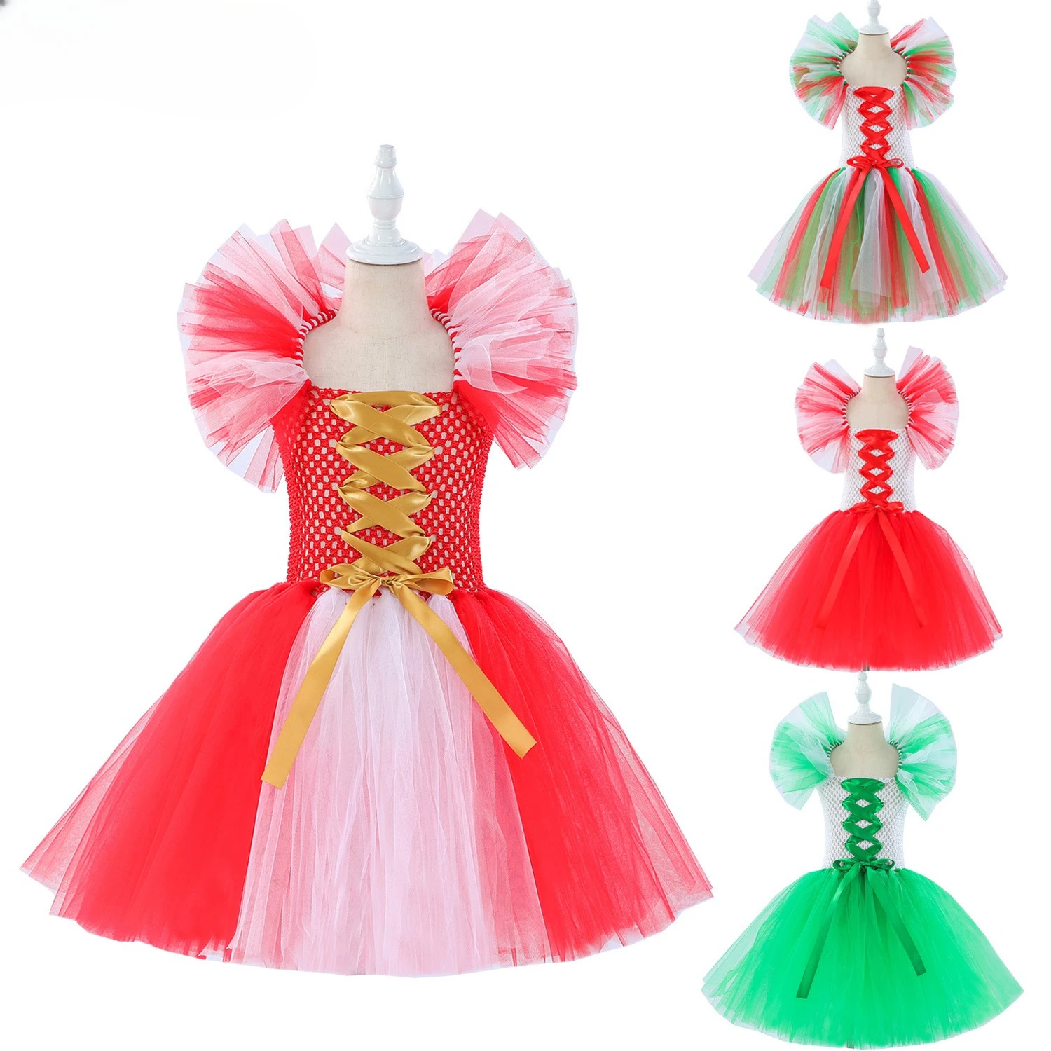 Girls Colorful Fresh Fashion Christmas Red White Mixed Mesh Skirt For Holiday Party Stage Performance Princess Dress Up Outfit