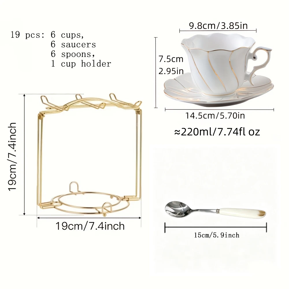 19pcs European Style Ceramic Coffee Cup Saucer Spoon, Set Includes: 6 Cups 6 Saucers 6 Spoons 1 Cup Holder, Cup for Tea Coffee