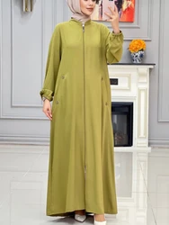 Eid Muslim Party Dress for Women Stand Collar Ramadan Abaya Long Dress Zipper Up Pocket Vestidos Largos Dubai Robe Jalabiya 2024