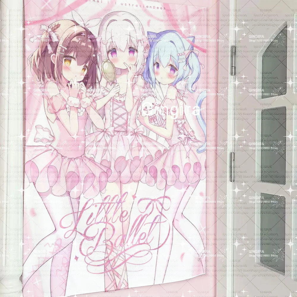 Floating Pink Curtain Ribbon Petal Romantic Lovely Character Print Fabric Poster のほほん Gentle Sweet Ballet Themed Kawaii Anime Wa