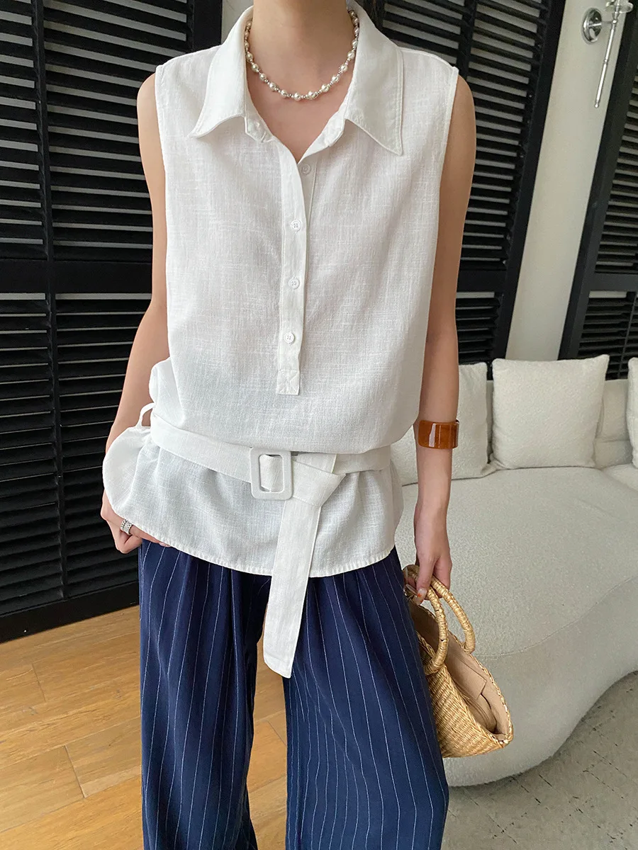 Sommerliches Damen-Tanktop mit einfarbigem Kragen und lockerem Schnitt am Bund – Detail 10