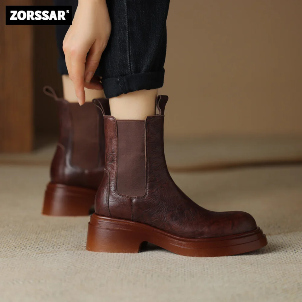 

2024 New Woman Casual Chelsea Booties Real Cow Leather Chunky Heel Ankle Boots Fashion Womens Platform Shoes Designer Shoes