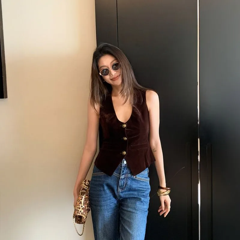 Brown Velvet Deep V Vest: Gold-Buttoned, Form-Fitting European Retro Fashion Commuting Office Ladies