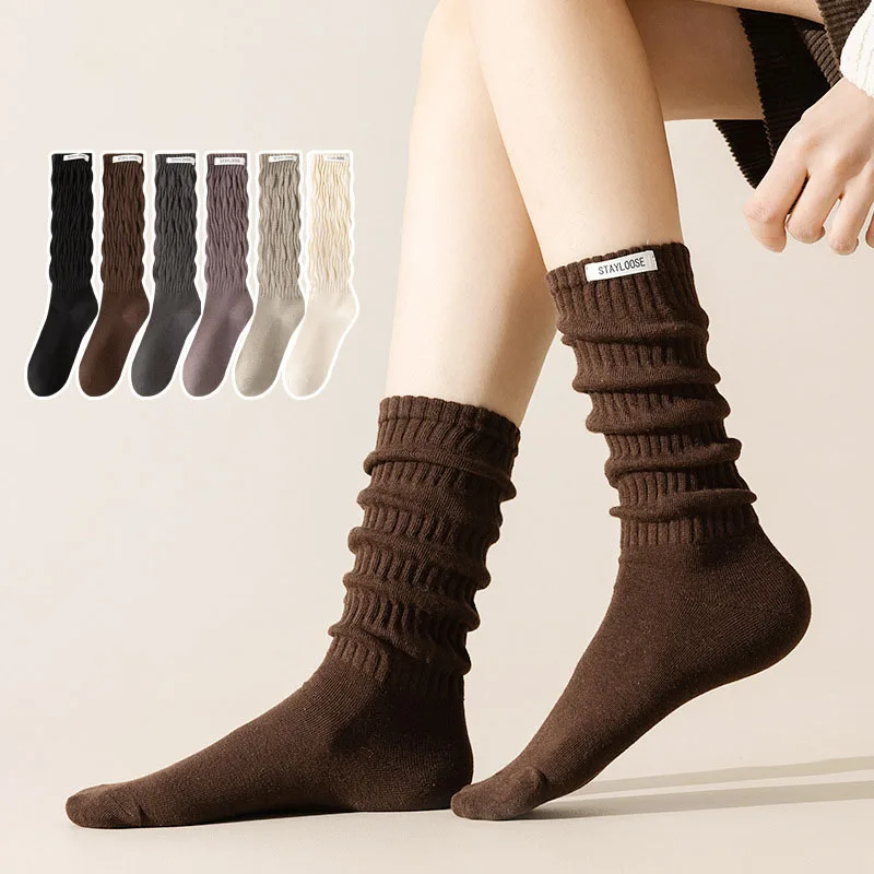 

Autumn Winter Fashion Letter Labels Pile of Socks For Women Retro Korean Striped Cotton Socks Sports Casual Middle Tube Socks