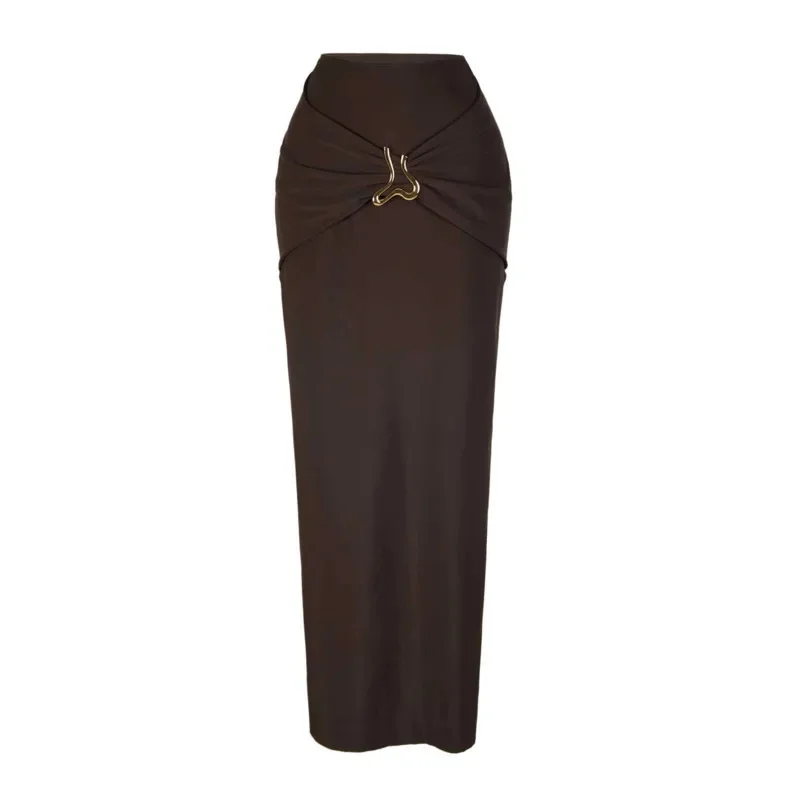 Summer Solid Color 3Piece Bikini Set Stylish Women's Strappy Bandeau Swimsuit Metallic-Button Cover-Up Maxi Skirt Beach Swimsuit