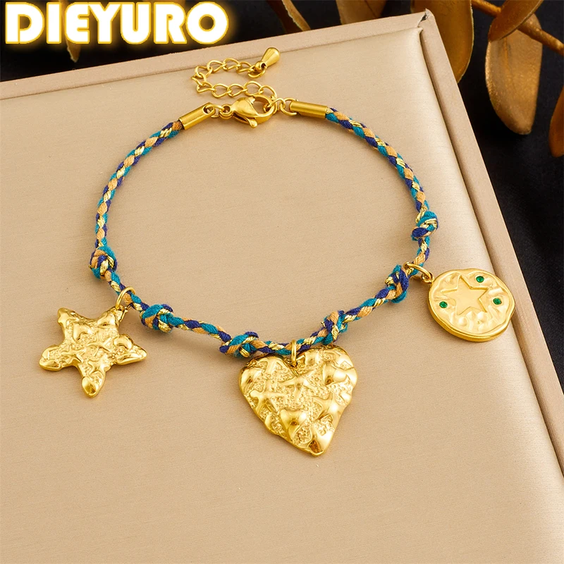 DIEYURO 316L مطرقة من الفولاذ المقاوم للصدأ الملمس ستار جولة سوار على شكل قلب المرأة الجديدة خمر الملونة اليدوية حبل سلسلة مجوهرات