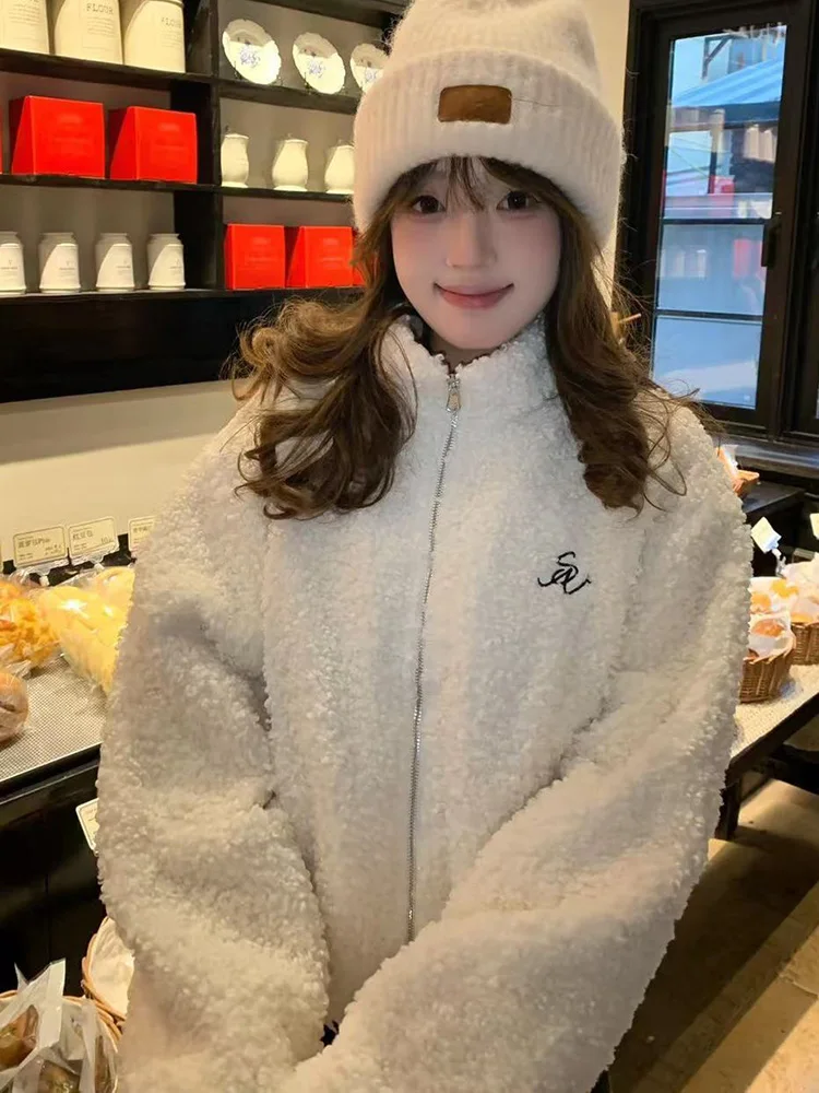 Chic Cute Faux Lamb Coat Women Preppy Style Long Sleeve Sweet Jacket Winter Warm Stand Collar Fashion Korean Kawaii Outwear Tops