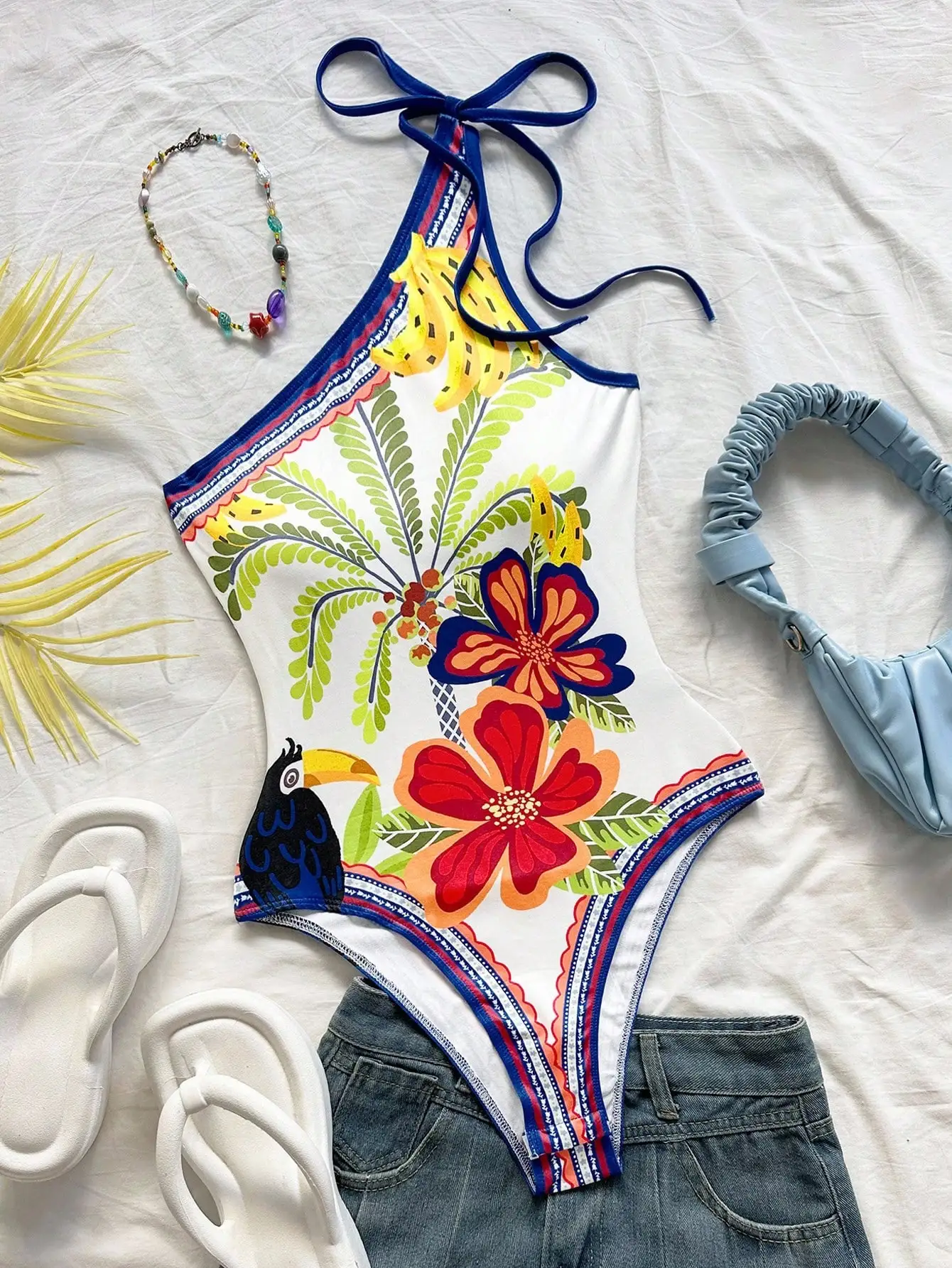 

Tropical Print Tie-Front Bodysuit with Floral & Toucan Design, High Elastic, Bohemian Chic