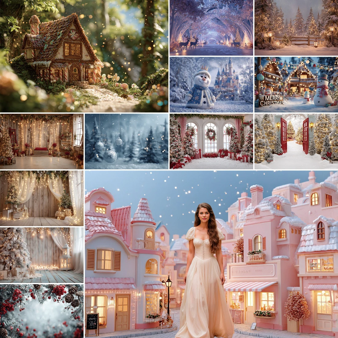 

MOON.QG Christmas Place Backdrop Gift Cottages Trees Backgrounds For Photography Photo Booth Shooting Props Family Photozone