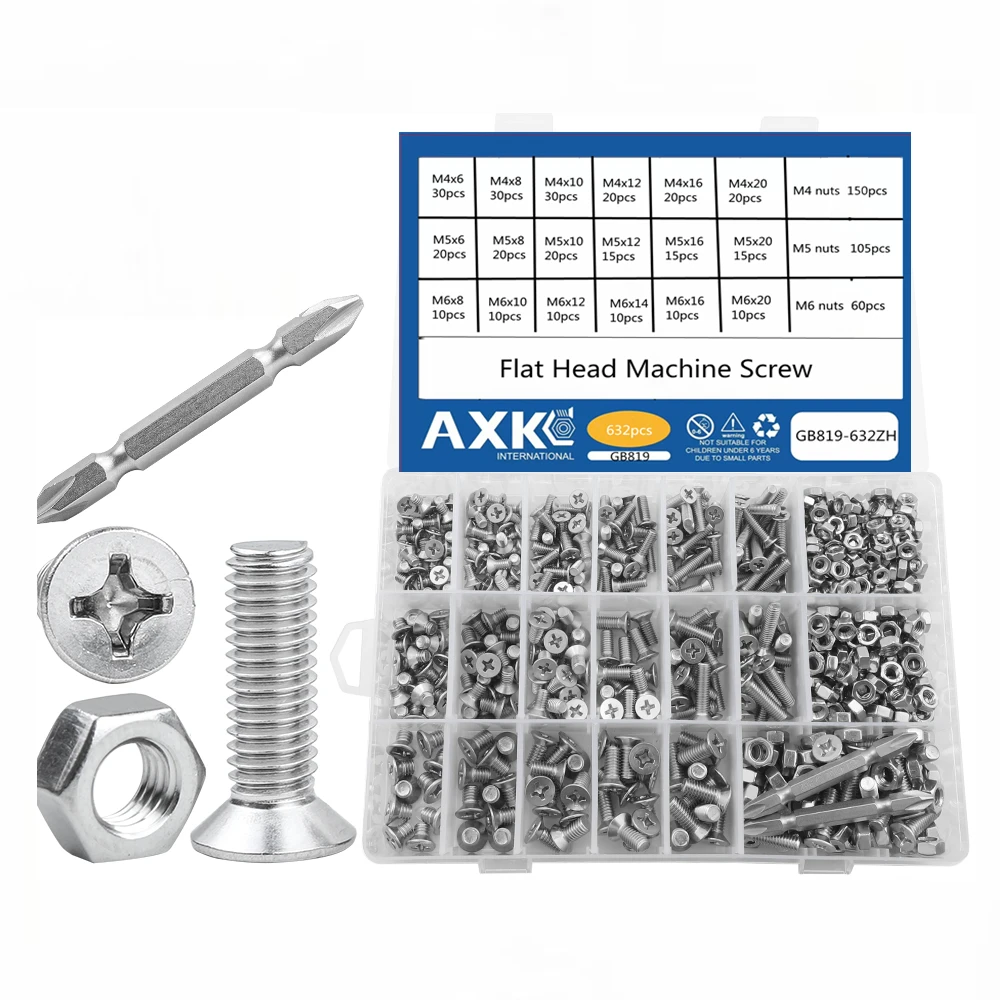 AXK  Phillips Flat Head Screw Set M4-M8 Stainless Steel Countersunk Flat Head Machine Screw Nut Assortment Repairing Kit