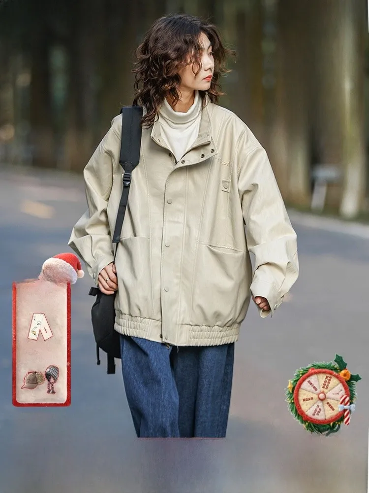 

Maood Casual Loose Retro Leather Jaet Zipper Closure Stand Collar Multi-Purpose Worksite Sle Women's Spring Outerwear