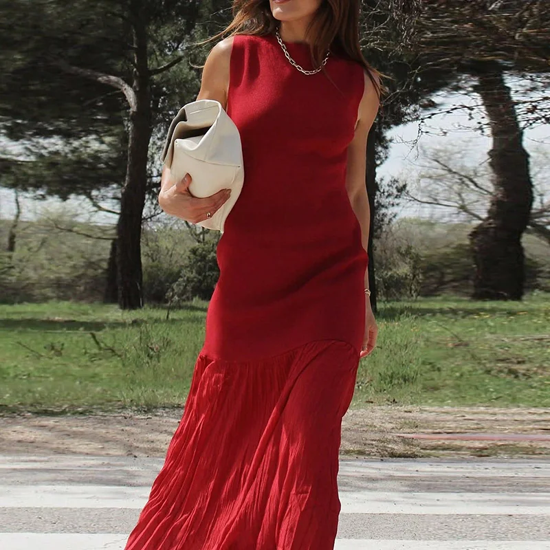 Women Summer Elegant Slim Boho Maxi Dress Fashion O-neck Sleeveless Tank Long Dress Spring Solid Patchwork Knitted Pleated Dress