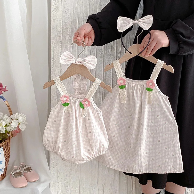 Little Sister Big Sister Matching Cotton Outfit Twins Baby Cute Clothes Infant Toddler Flower Print Romper Kids Girls Dresses
