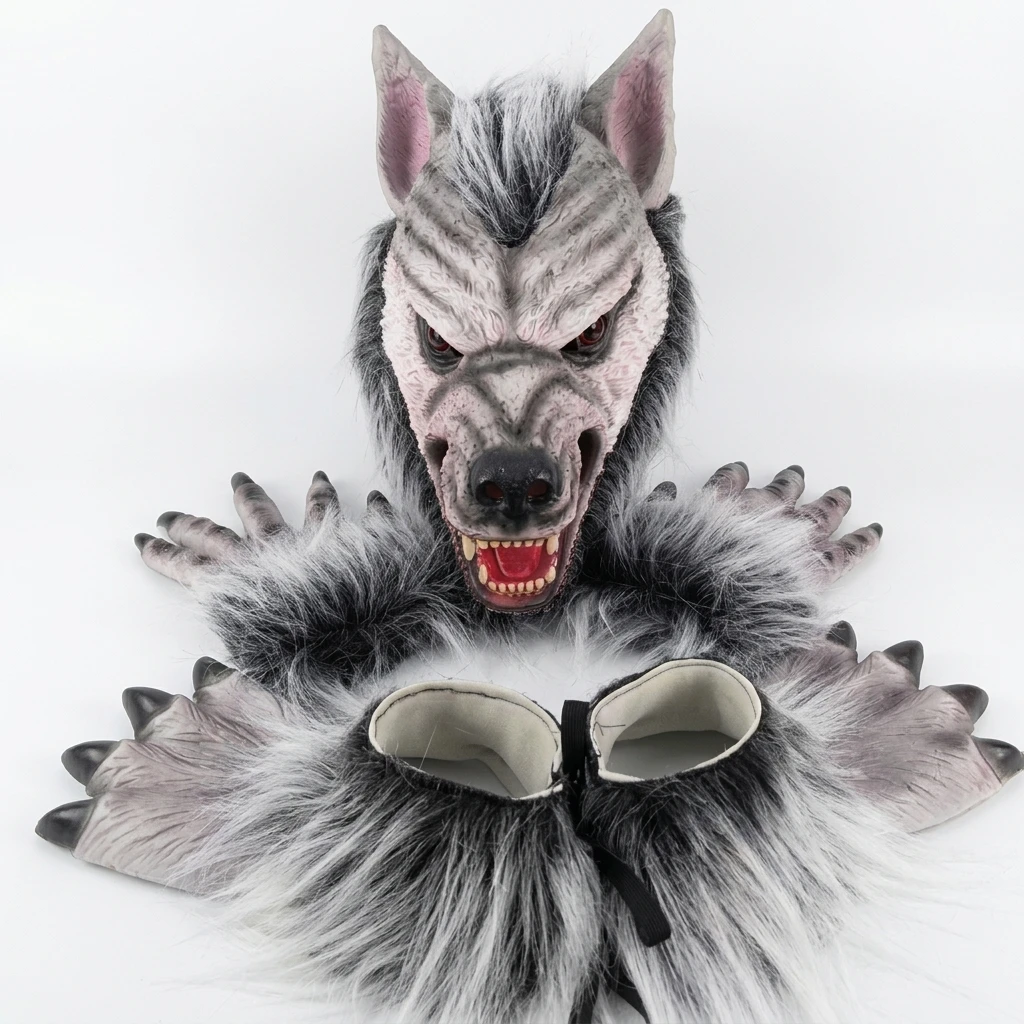 Werewolf Cosplay Mask Horror Punk Animal Full Set Fur Wolf Paw Gloves Foot Covers Halloween Scary Masquerade Carnival Party Prop