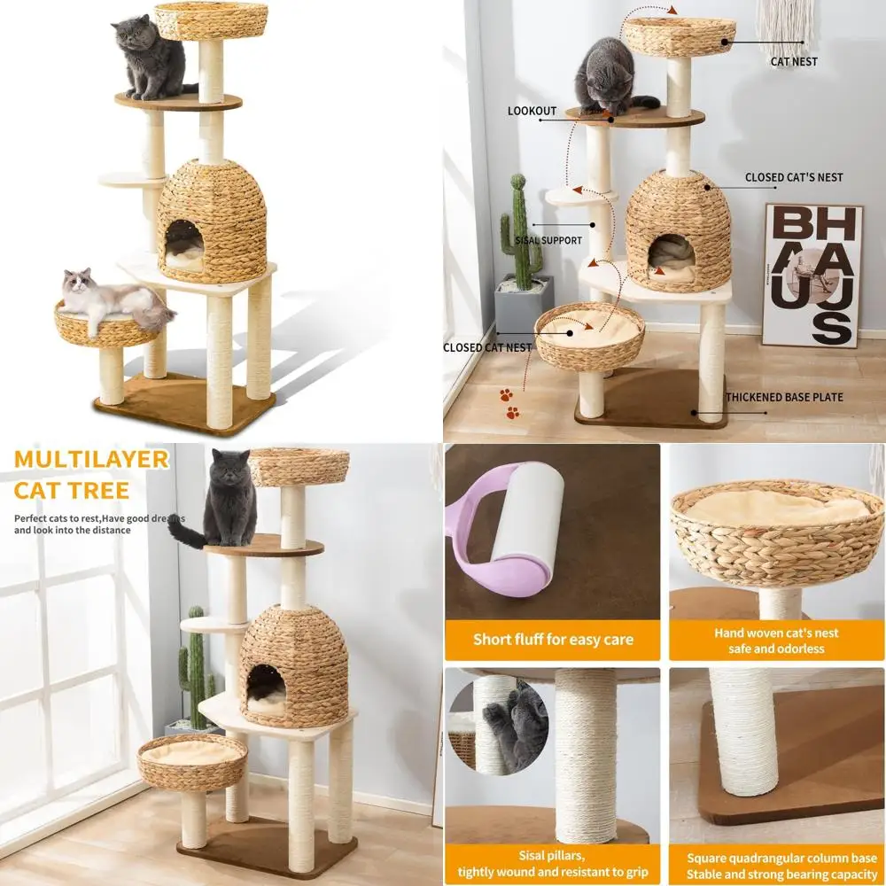 

Indoor Multi-Cat Scratching Post and Condo with Handwoven Basket and Thick Sisal for Large Feline Trees
