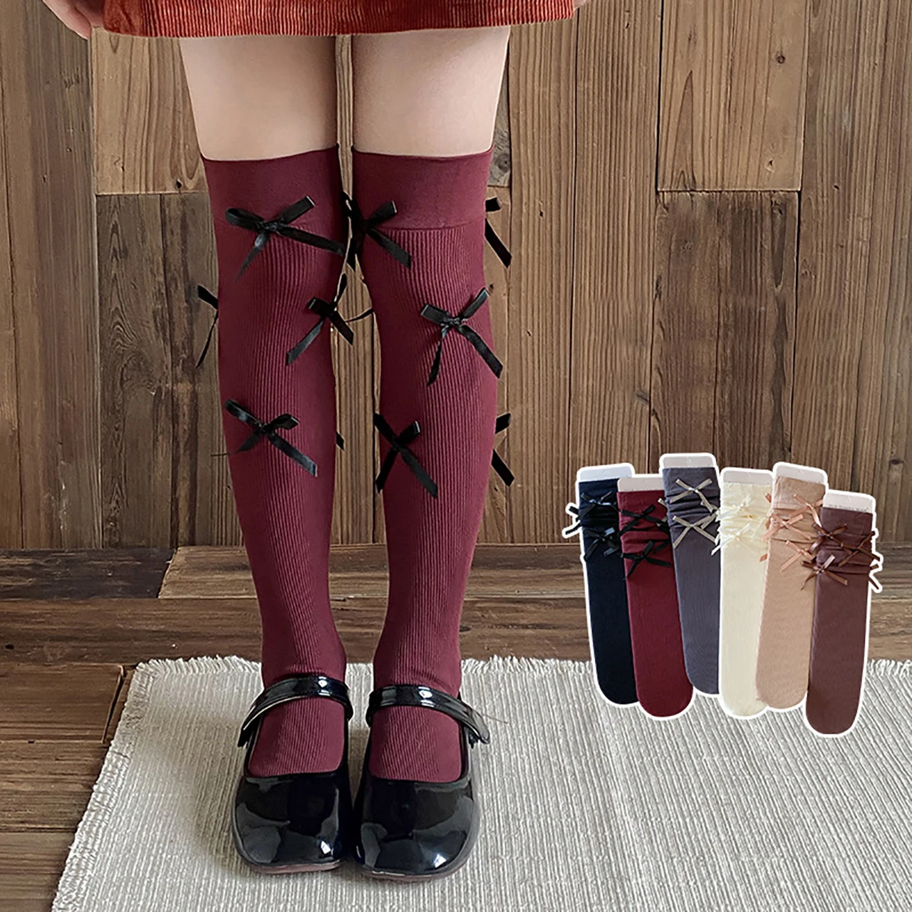 Bow Lolita Girl Stockings Spring Autumn Solid Color Kids over Knee High Socks JK Soft Cotton Children Long Socks 42cm