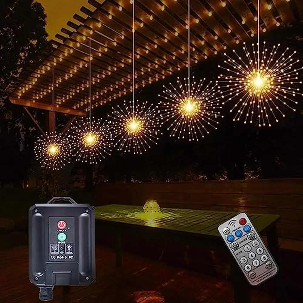 Solar Starburst Sphere Lights Hanging Fairy Lights Remote Control Waterproof Timer 8 Modes 1000 LED Shukan Firework Solar Lights