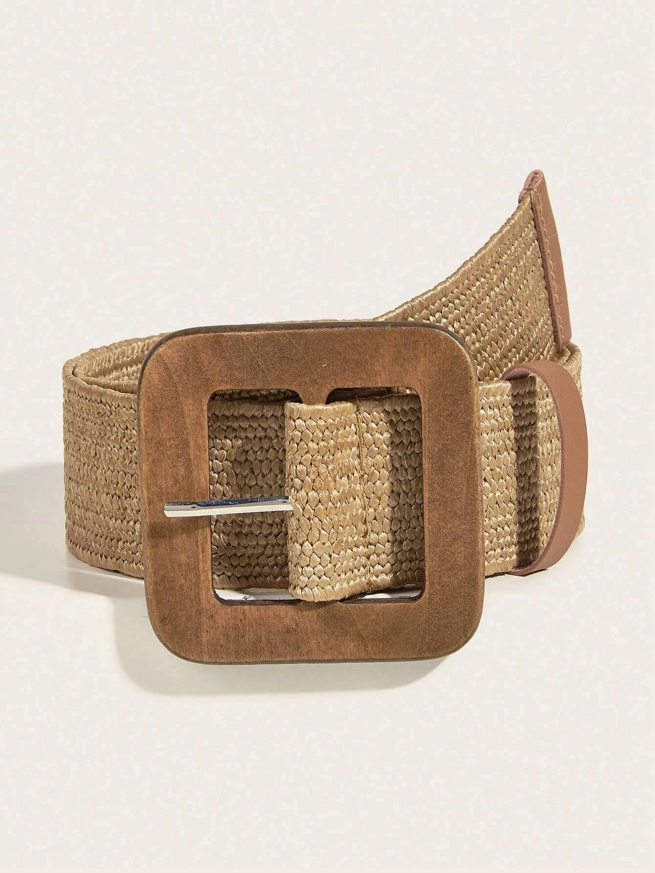 1pc Women Square Wooden Buckle Boho Straw Belt For Daily Decoration Weave Detail Women Belt Girdle For Dress For Summer