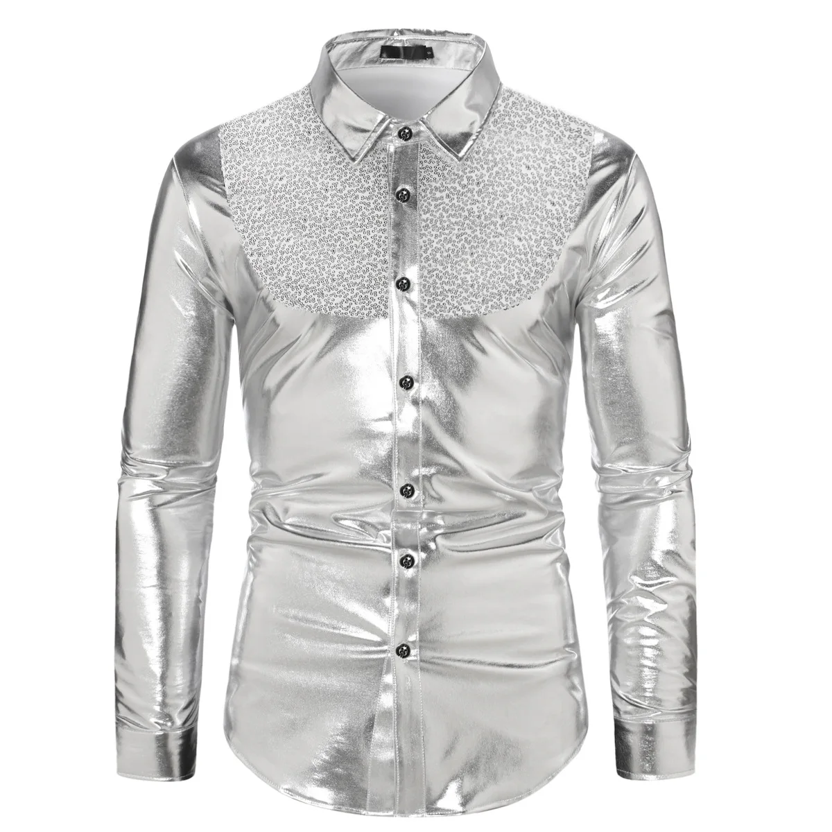 Men's 70’s Disco Metallic Shirts For Party Nightclub Sequins Shiny Long Sleeve Shirts Male Stylish Stage Banquet Chemise Hombre