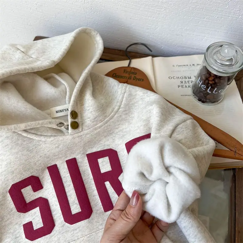 Sudadera con capucha para niños y niñas, suéter holgado de felpa con letras gruesas de estilo coreano, Top informal de invierno, 2024