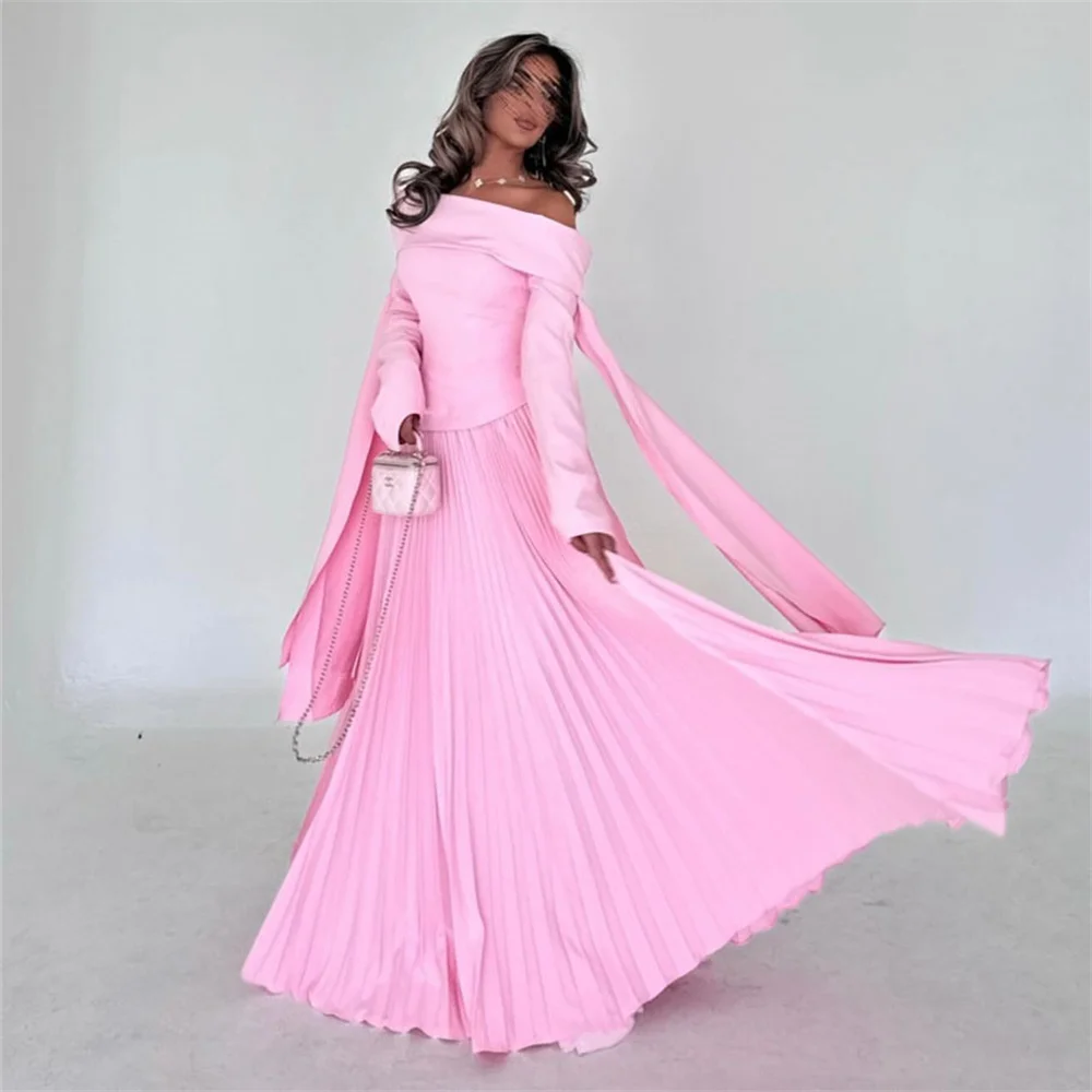 ROYET Strapless Off The Shoulder Full Sleeve Mermaid Long Pleat Pink Prom Gown Floor Length Sweep Train Evening Dresses New