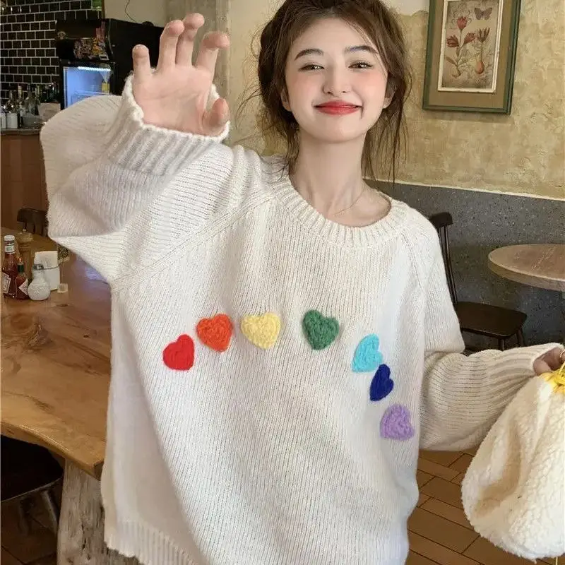 Three-Dimensional Color Love Round Neck Sweater Women 2024 Autumn New Style Lazy Style Gentle Sweet Loose Knitted Sweater Top