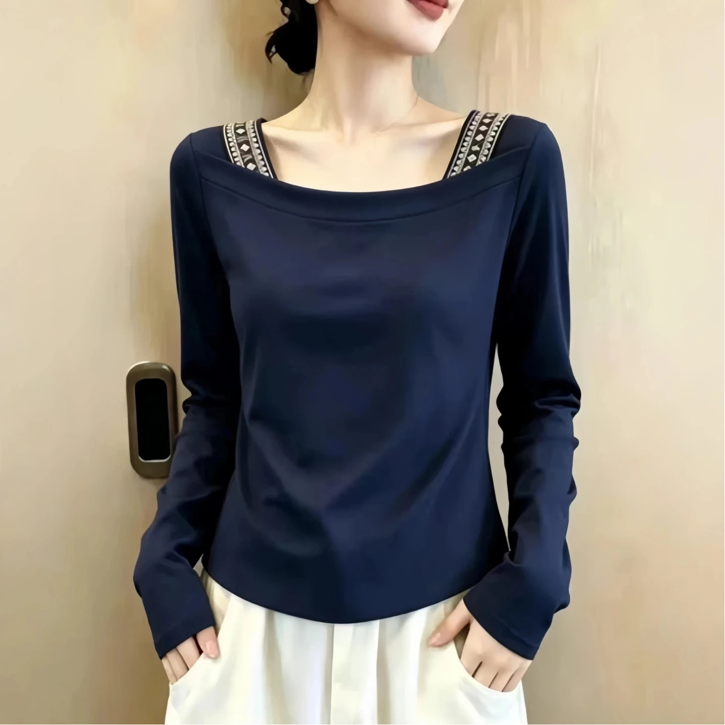 Retro plus Size Design Sensation Royal Blue One Shoulder Color Block Long Sleeve T-Shirt Women's Spring Autumn Fashion Slimmi...