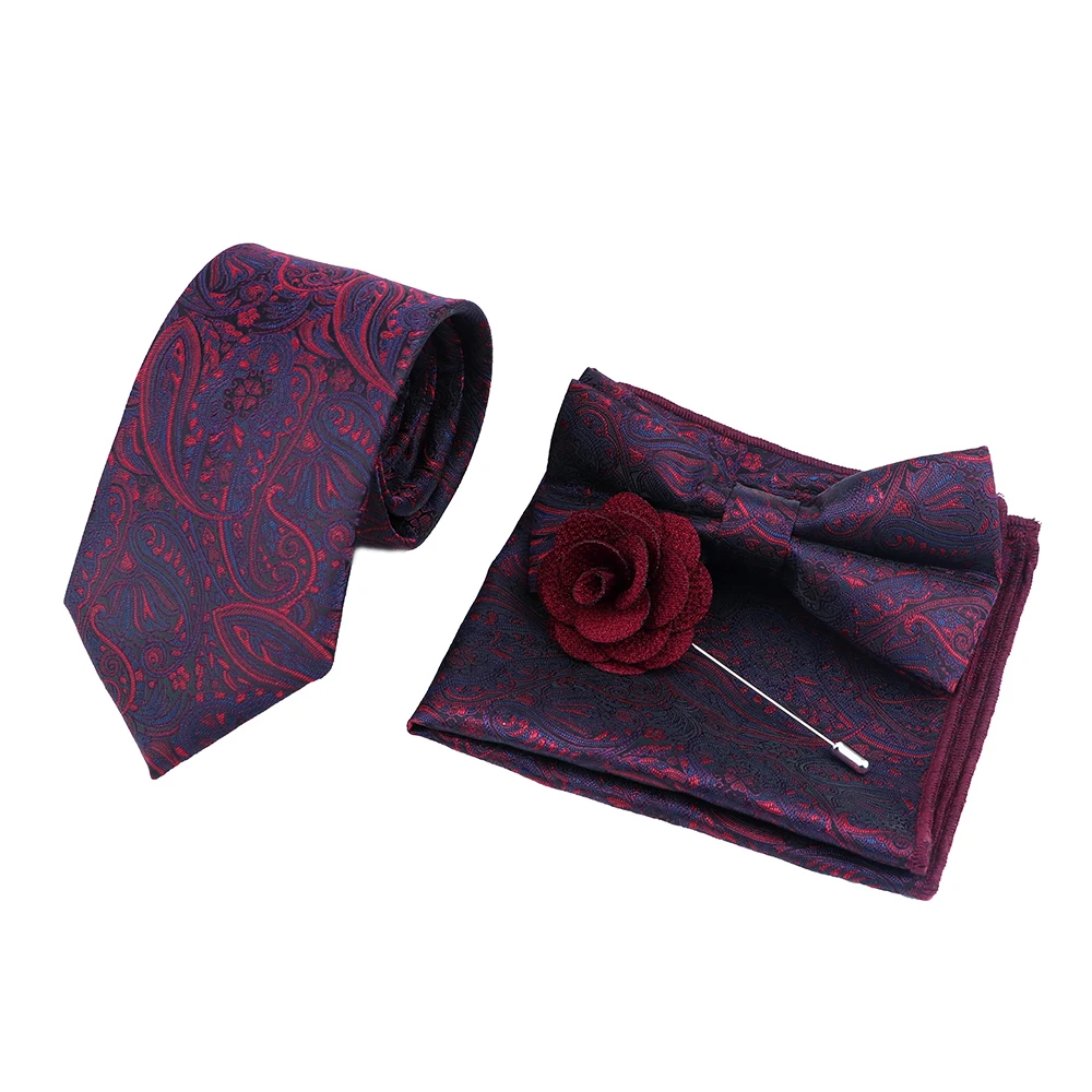 

Men's Classic Paisley Tie Bowtie Brooch Set Polyester Jacquard Woven Necktie Suit Vintage Red For Groom Business Wedding Party