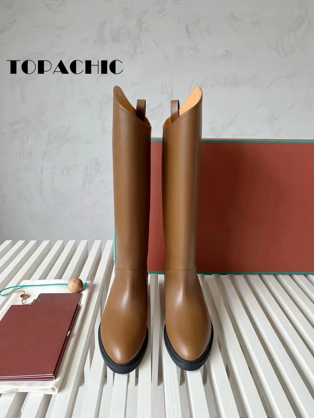 9.19 TOPCHIC Cowhide Over-the-Knee Boots Fashion All-matches Genuine Leather Pointed Toe Diagonal Flat Sole Boots