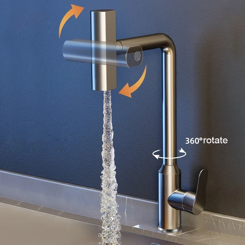 Spray Head Hot and Cold Water Sink Mixer Kitchen Faucet Waterfall Kitchen Faucet Stainless Steel 360° Rotating Waterfall Flow
