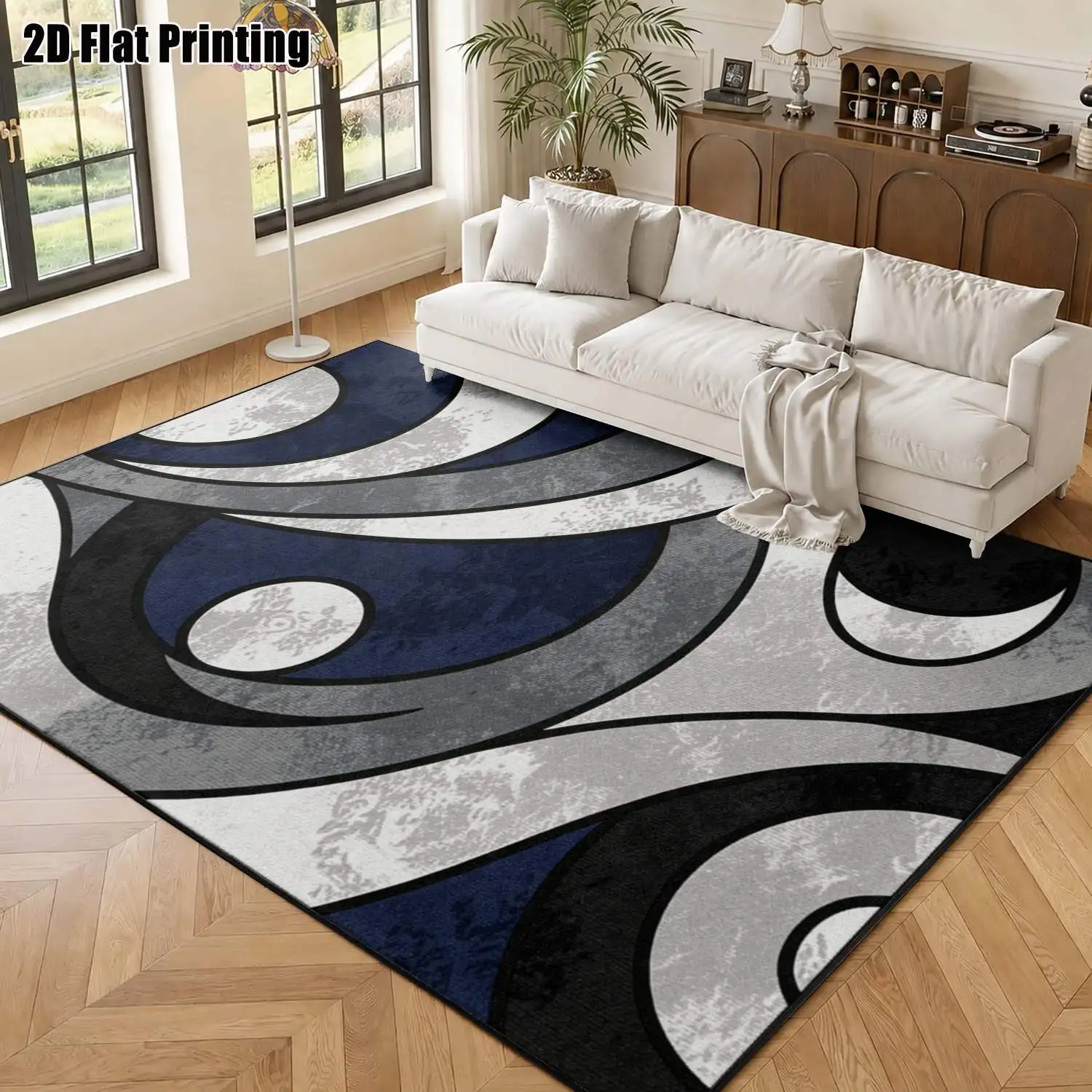 1Pc 2D Printed Carpet: Blue-Grey Abstract Geometric Patterns, Nordic/Instagram-Inspired, Modern Minimalist Vintage Geometric Striped Floor Mat, Multi-Size Machine-Washable Home Decor for Entryway, Dining Room, Foyer, Living Room, Bedroom
