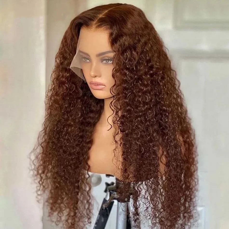 Chocolate Brown Deep Wave 13x4 HD Lace Frontal Wig Human Hair Pre-Plucked 200% Density Water Wave Curly Wig for Women