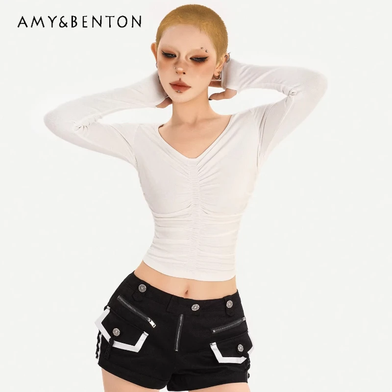 

Женская трикотажная футболка с длинным рукавом и V-образным вырезом в американском ретро-стиле, весна 2026, новинка, с завязками, для создания образа «Hot Girl»