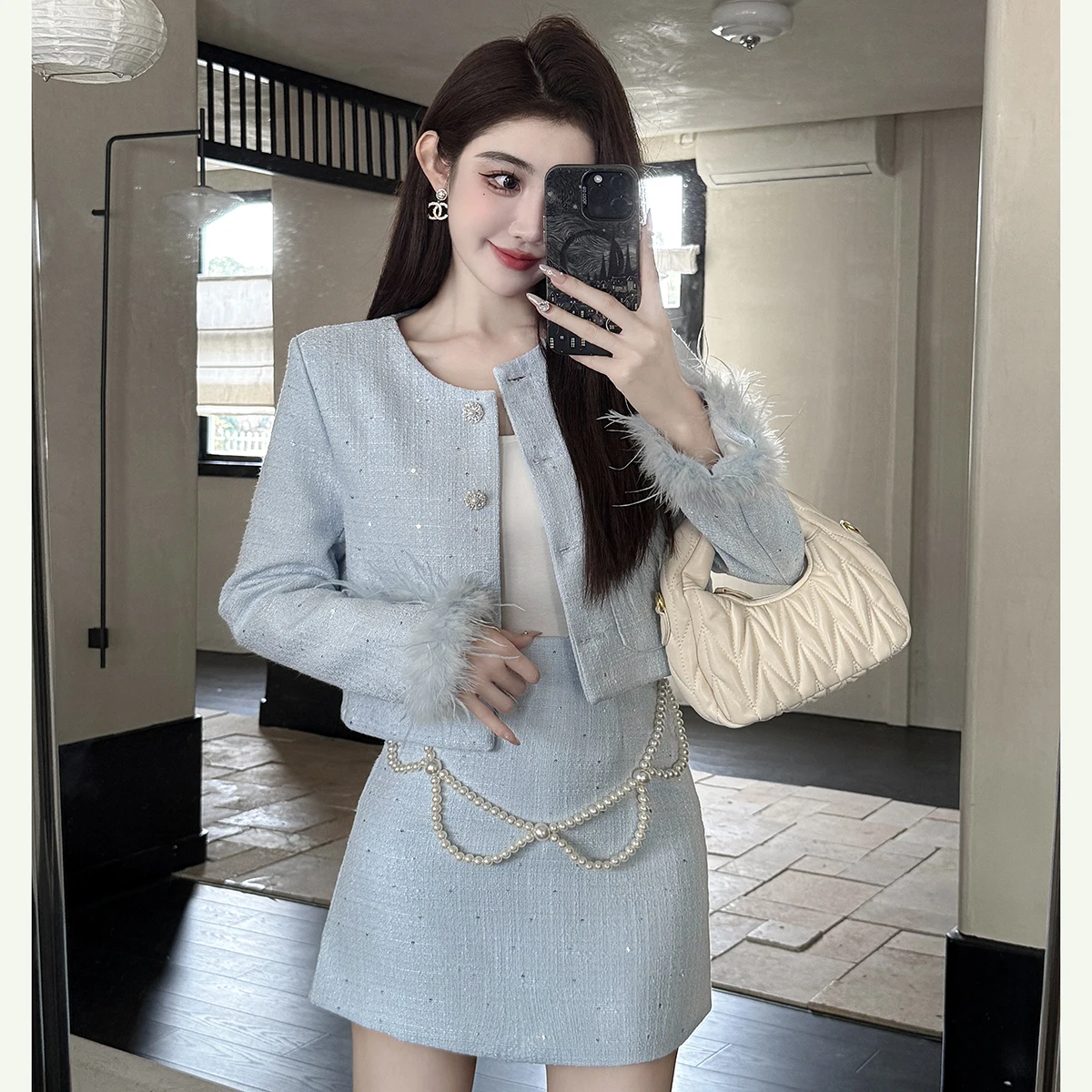 

Новинка 2024 года, осенне-зимний высококачественный усовершенствованный температурный хлопковый синий элегантный стильный верхний костюм + юбка, женский короткий костюм из двух предметов