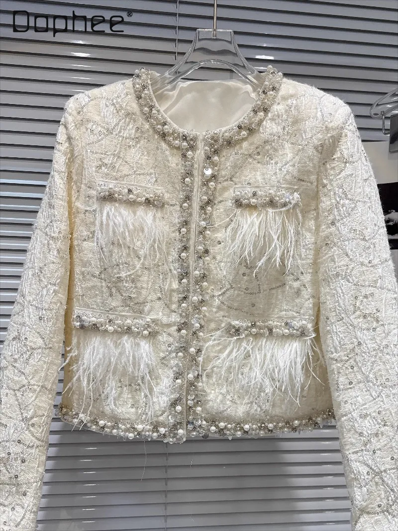 

Французское светское шерстяное короткое пальто со страусиными перьями и бисером, в стиле пэчворк, с длинными рукавами, элитное легкое роскошное модное пальто