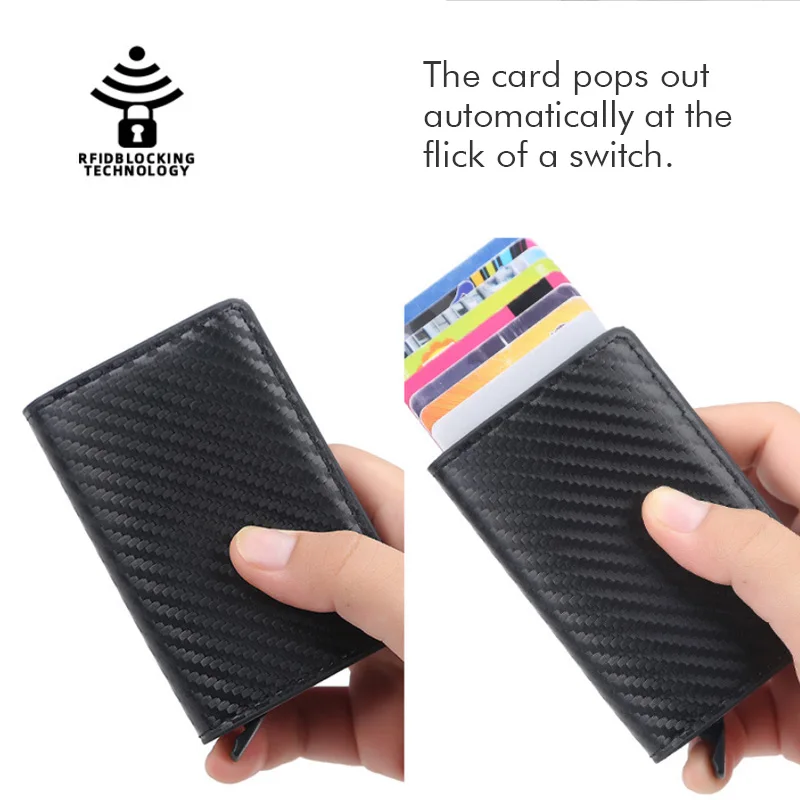 Carbon Fiber Anti Thief Rfid Credit Card Holder Short Wallet Multi-functional Money Clip Pu Material  Women Slim Cardholder Bank