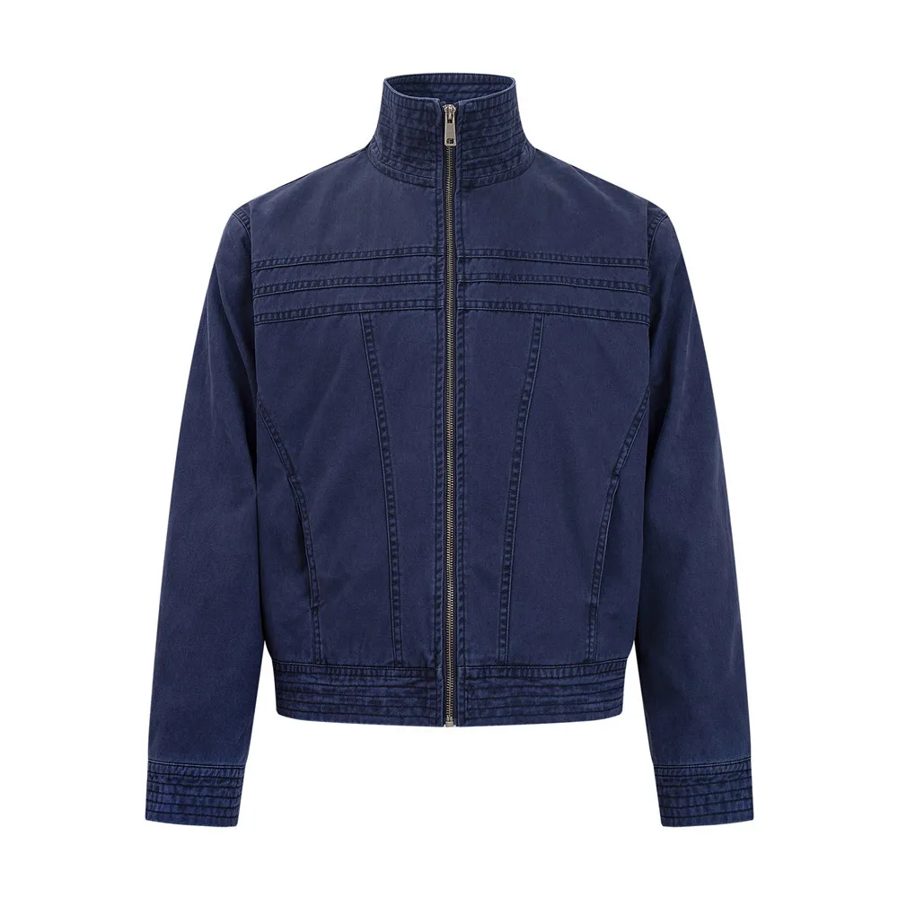 MWJLPWQ Spring Autumn American Retro Distressed Stand-Collar Jacket For Men Deconstructed Long Sleeve Solid Color Tops 21532