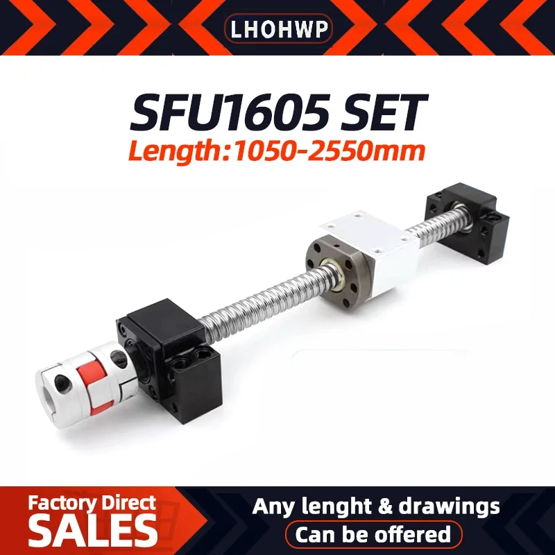 BallScrew SFU1605 length 1050-2550mm Ball Screw With Flange Single Nut Or BK12 BF12 End Machined CNC Parts