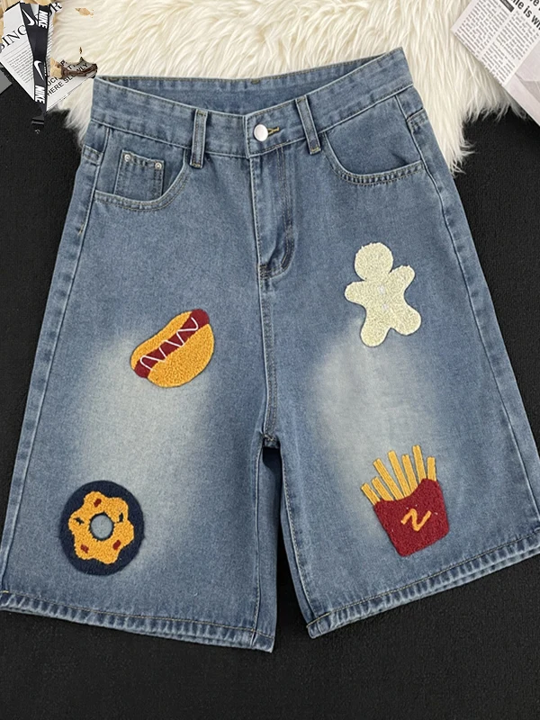 

Мужские джинсовые шорты с вышивкой, повседневные, прямого кроя, летние, модные, свободные, в стиле Vibe