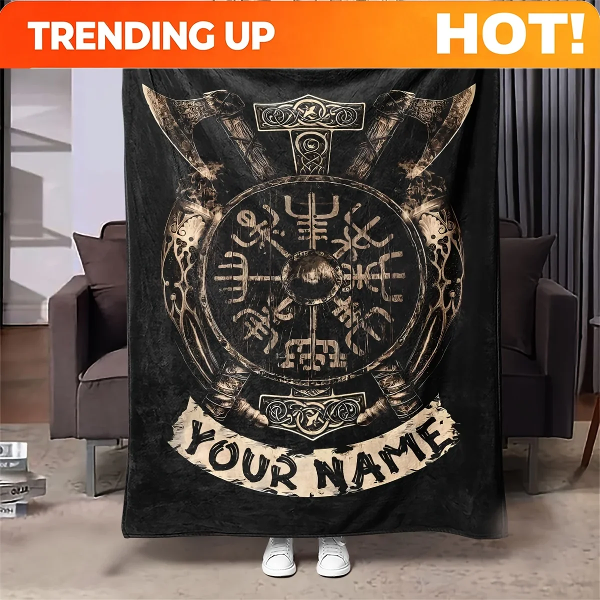 Customization Custom Viking Totem Text Printed Flannel Blanket. Warm And Cozy Flannel Blanket. A Gift Blanket Suitable For All S