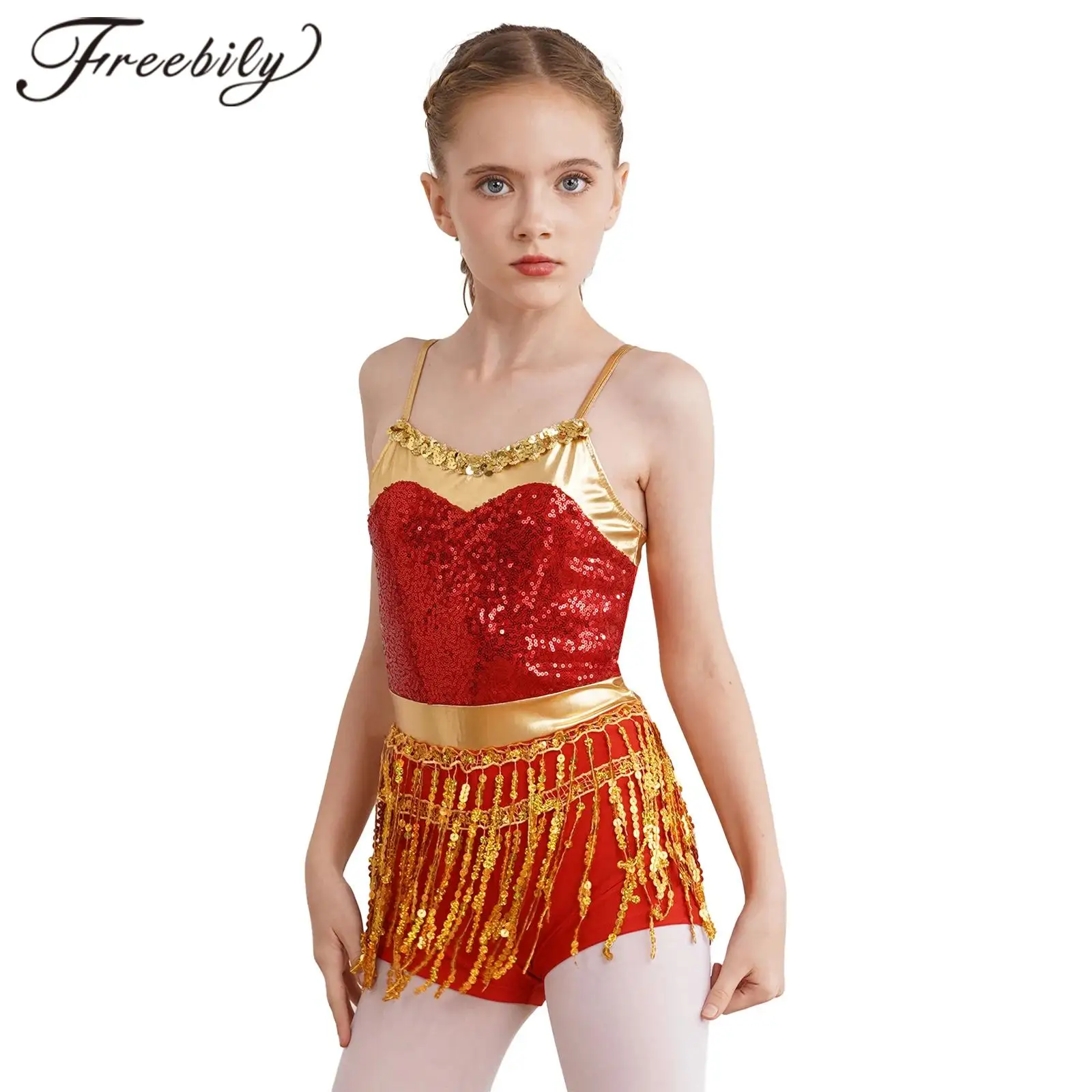 

Kids Girls Sequin Leotard Stage Dancewear Teens Fringes Bodysuit for Jazz Ballet Dancing Hip Hop Ballroom Gymnastics Jumpsuit