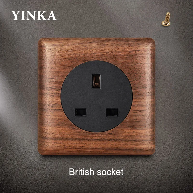 YINKA Wood Brass Toggle Light Switch Panel Home Retro LED Indicator EU FR UK TV TEL Electrical Sockets Vintage Sockets 86mm*86mm