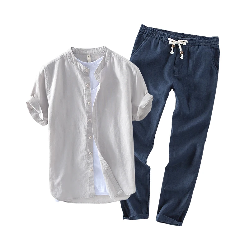 

Мужской летний комплект из льна: модная футболка с коротким рукавом и брюки свободного кроя из хлопка и льна, комфортные, прохладные, стильные, молодежные.